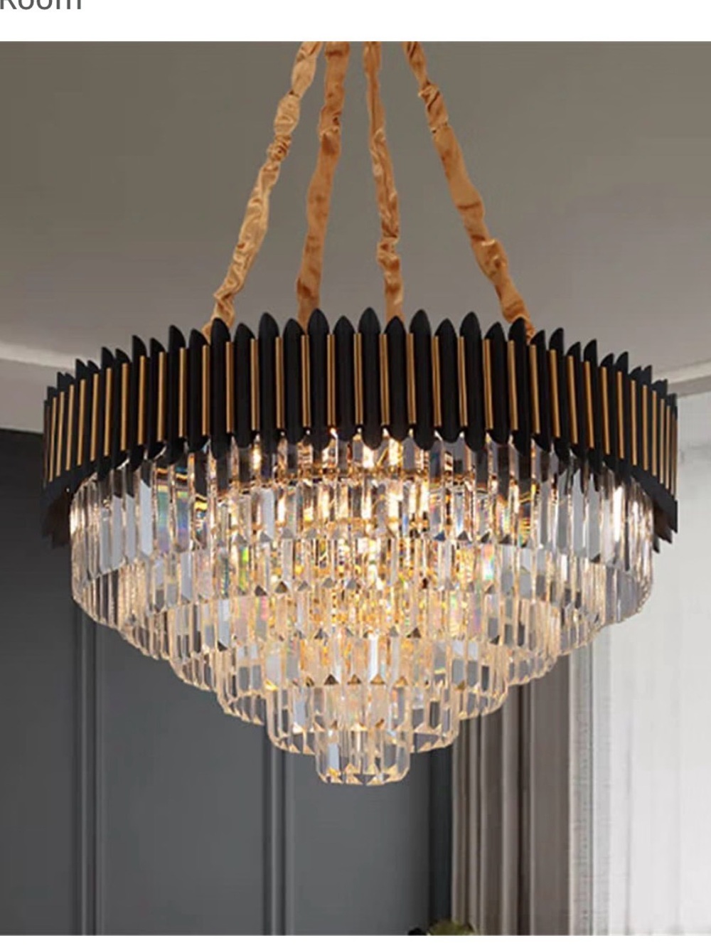 Crystal Tiered Chandelier with Black and Gold Accents